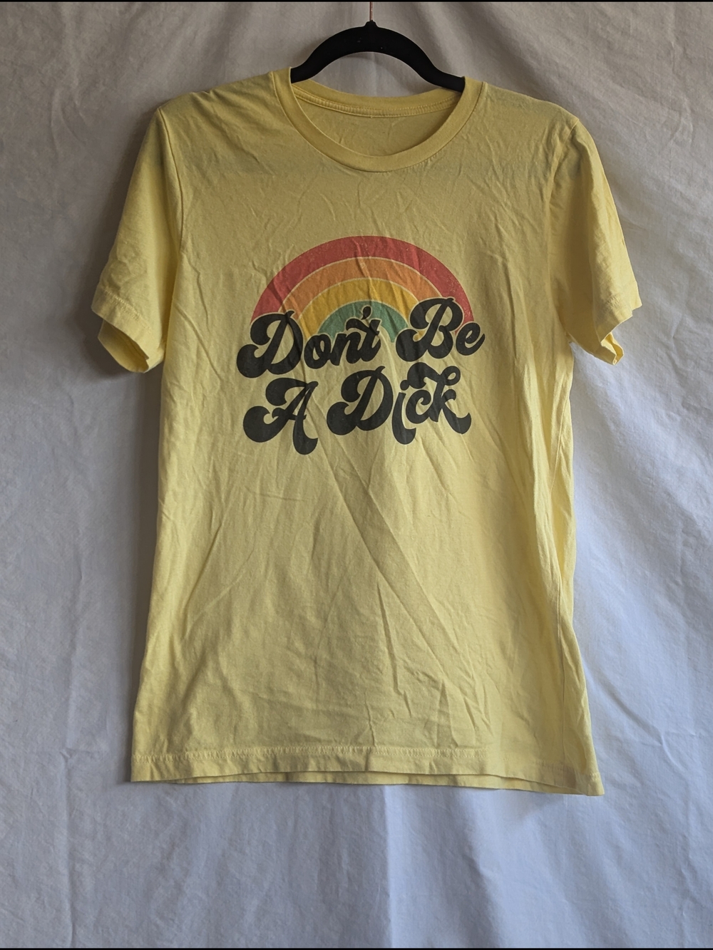 Yellow graphic tee with retro rainbow - Don't Be A Dick